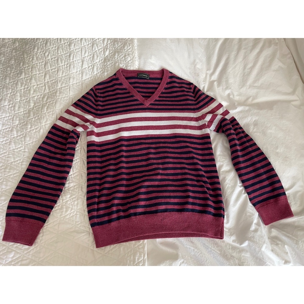 Express V-Neck Knit Sweater Striped Burgundy Preppy 100% Cotton Knit Medium